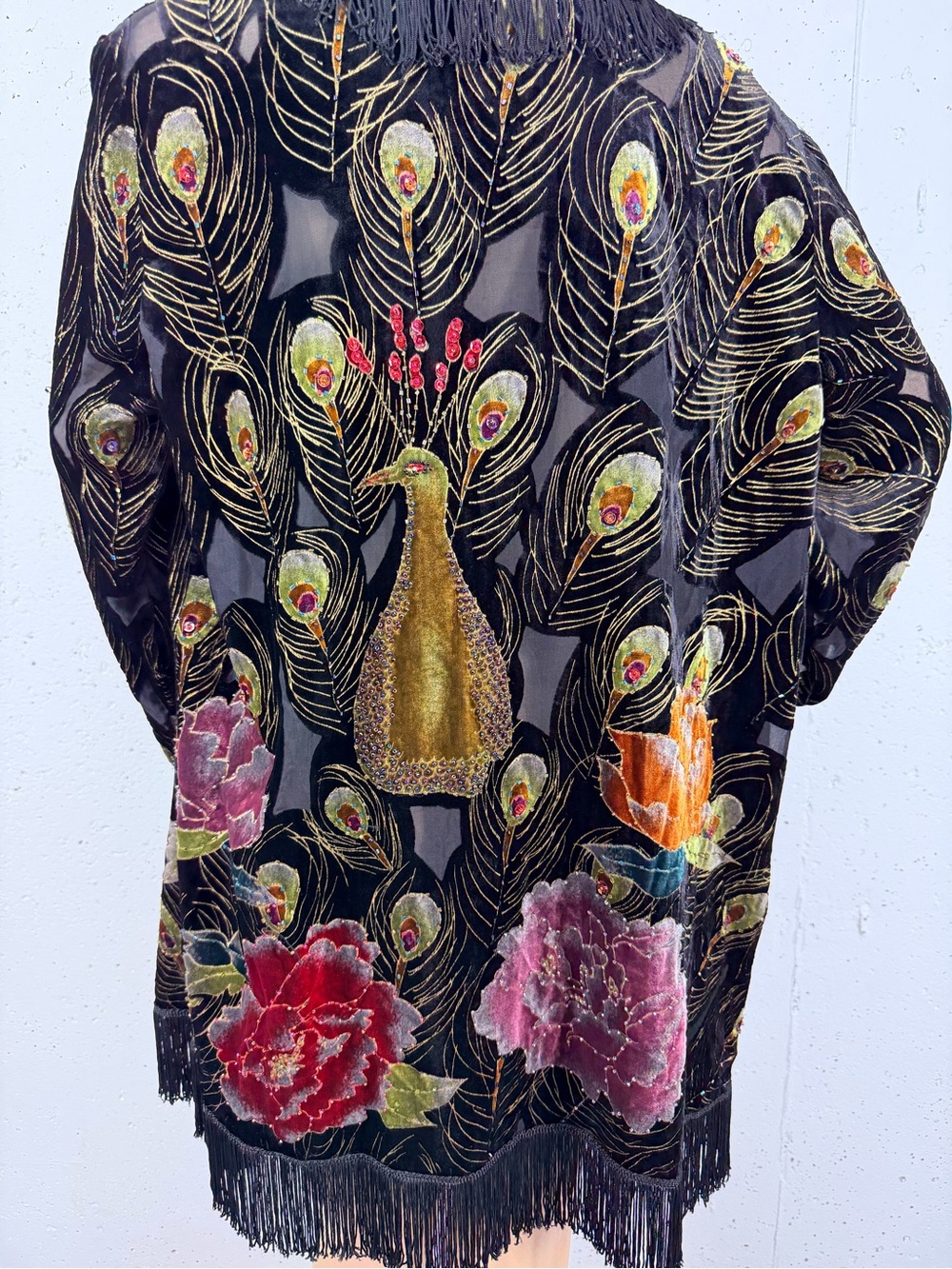 Mirasol Women’s Medium Black Beaded Velvet Burnout Peacock Fringe Trim Kimono